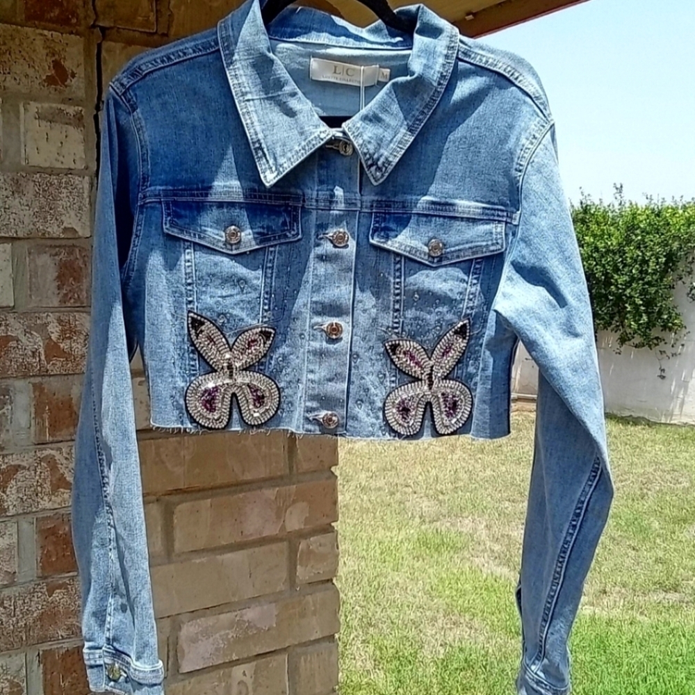 Lizette Collection Embellished Cropped Long Sleeve Denim Jacket Women Medium - Picture 2 of 12
